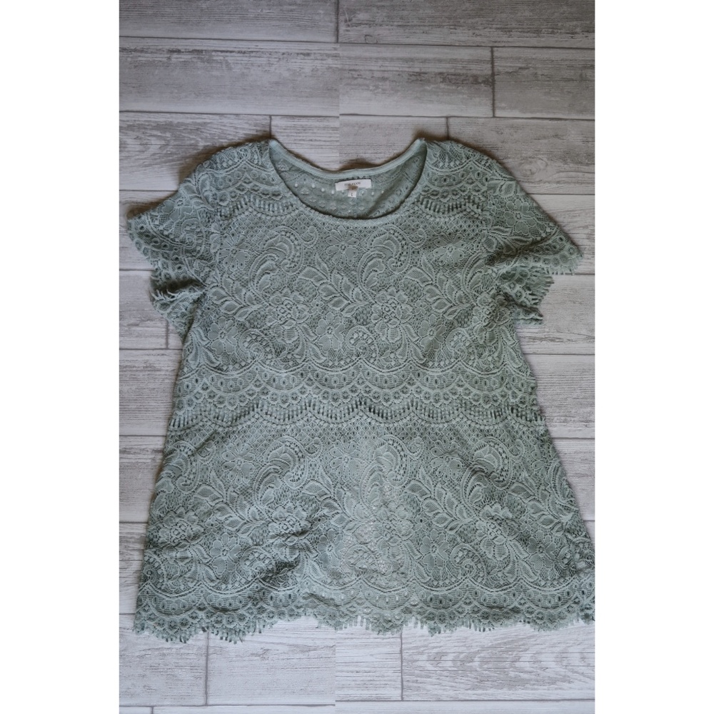 Maurice's Lace Tee with Scalloped Hem Aqua Gray